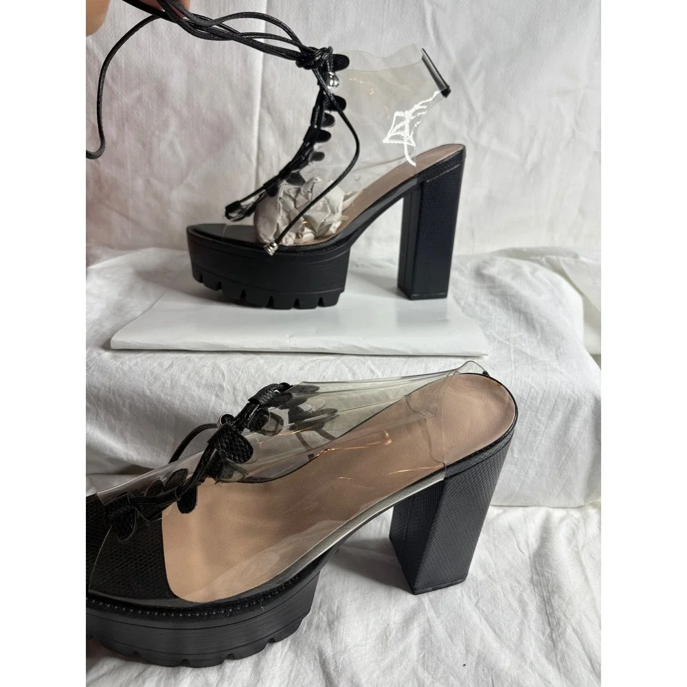 Womens Platform Chunky Heel Lace Up Clear Vinyl Sandals Size 8